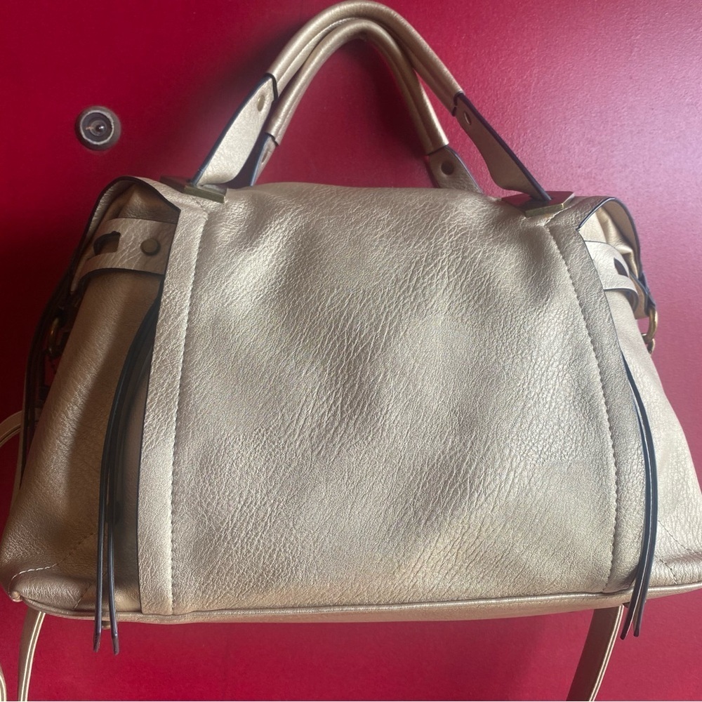 Ampere very soft Vegan Leather Gold 3-way satchel, shoulder, crossbody ship disc